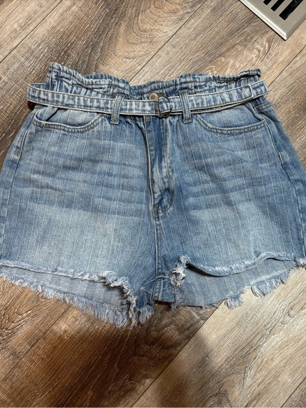KanCan Faded Blue Paperbag Denim Shorts with Belt and frayed hem high waisted